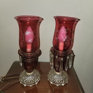 Vintage cranberry hurricane lamps